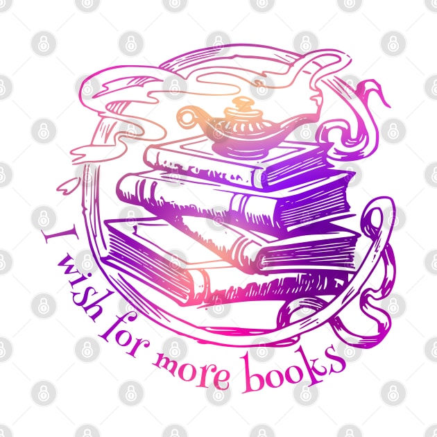 "I wish for more books" - pink and purple genie lamp on a stack of books by Ofeefee