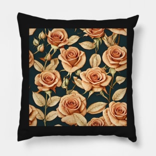 Vintage Blush Brown Roses on Dark Background Pillow