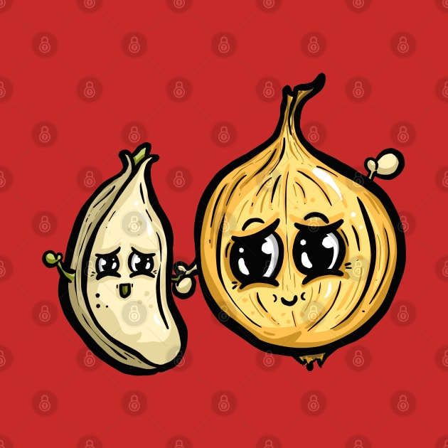 Onion and Garlic Happy Seasoning Friends Cartoon Illustration Mascots by Squeeb Creative