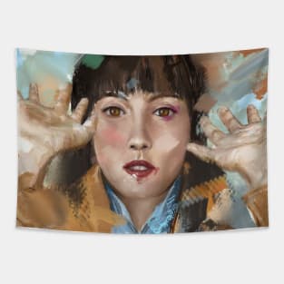 Contemporary Painting of a Beautiful Woman in a Chaotic Atmosphere Tapestry