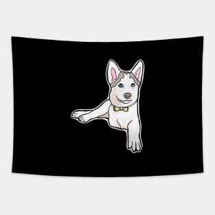 Adorable Three-Legged Tripod Husky Named Mochi with Rainbow Bow Tie Tapestry