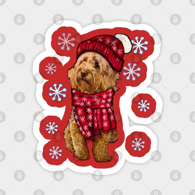 Cavapoo Cavoodle in festive red winter hat and scarf with snowflakes - cute cavalier king charles spaniel snug in a snowflake themed scarf Magnet by Artonmytee