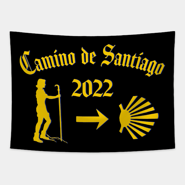 Camino de Santiago Typography Woman Pilgrim 2022 Yellow Scallop Shell Tapestry by Brasilia Catholic