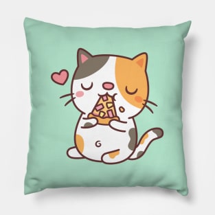 Cute Calico Cat Eating Pizza Pillow