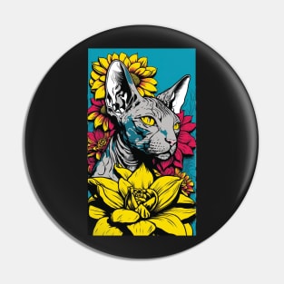 Sphynx Cat Vibrant Tropical Flower Tall Retro Vintage Digital Pop Art Portrait 3 Pin