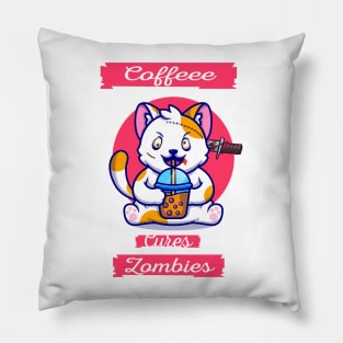 coffee zombie cat coffee cures zombies  gift for cat lovers coffee addict zombies lovers. Pillow