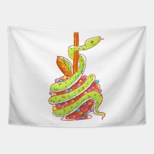 Green Snake on a Red Candy Apple Tapestry