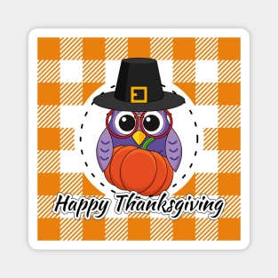 Pilgrim Owl on Orange White Plaid - Happy Thanksgiving Magnet