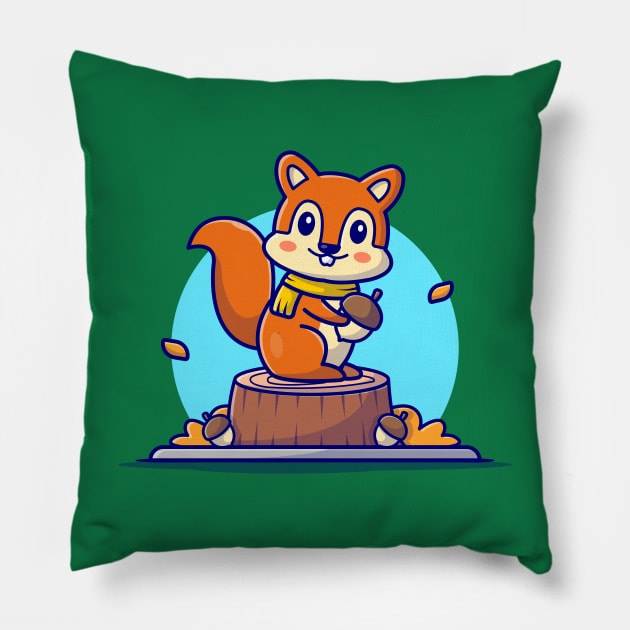 Happy Cute Squirrel Holding Acorn Cartoon Vector Icon Illustration (2) Pillow by Catalyst Labs