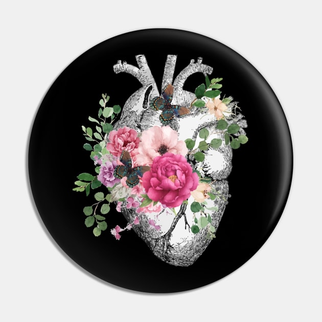 Pink roses and butterflies Floral Heart Human Anatomy Pin by Collagedream