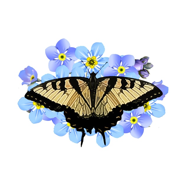 Swallowtail Butterfly On Blue Flowers by PhotoArts