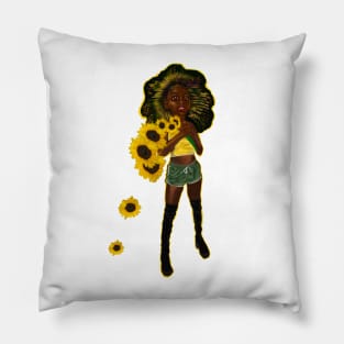 Anime Afro anime sunflower wielding warrior princess - beautiful girl with Afro hair, brown eyes and dark brown skin Pillow