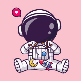 Cute Astronaut Playing With Moon And Rocket Puppet Cartoon T-Shirt