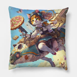 Funny Cute Cat Flying and Eating Pizza - Anime Style Art Birthday Gift ideas For Anime Lovers Pillow