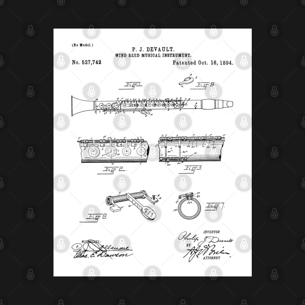 Clarinet Patent - Musician Classical Music Art - White by patentpress