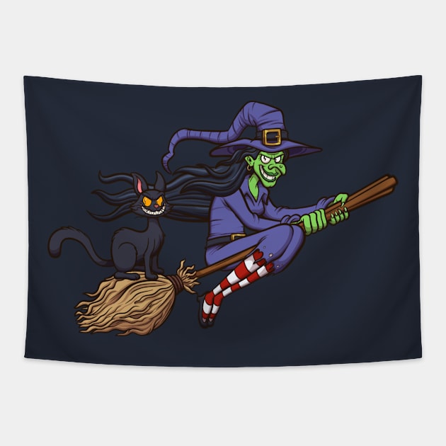 Cartoon Witch Flying On Her Broom Tapestry by TheMaskedTooner