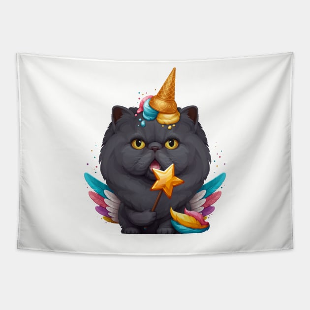 Black Persian Cat Ice Cream Unicorn Tapestry by stonemask