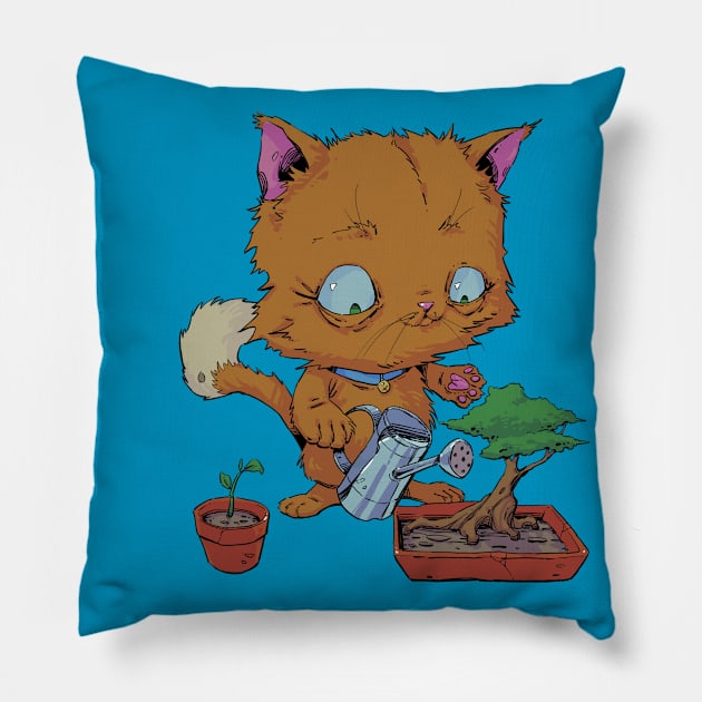 Orange Cat Watering a Bonsai Tree and Plants Pillow by Hutchew