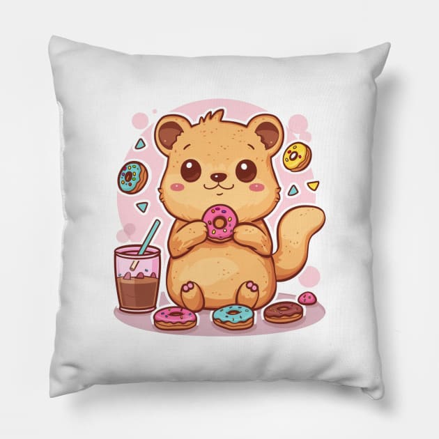 Kawaii Quokka eating doughnut Pillow by MilkyBerry