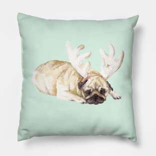 Holiday Pug in Antlers Pillow