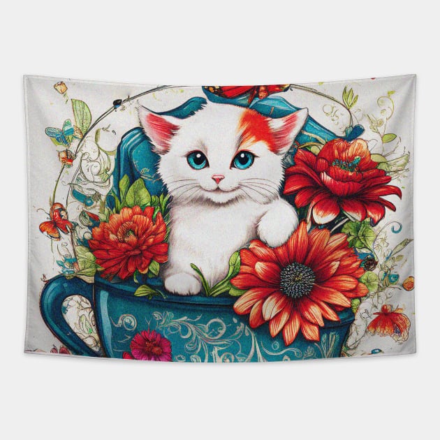 Cat Among Flowers And  Butterflies Tapestry by ART-SHOP01