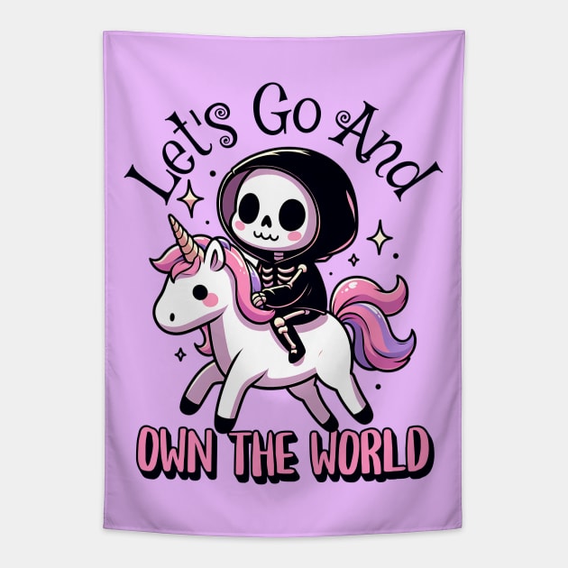 Let's Go& Own The World Cute Grim Reaper Tapestry by WitchyArty