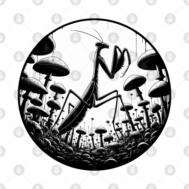 Monochromatic Praying Mantis in Mushroom Garden by TomFrontierArt