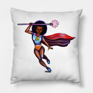 Black anime superhero girl from space with red cape ! beautiful  black girl with Afro hair, brown eyes, Cherry pink lips and dark brown skin. Hair love ! Pillow