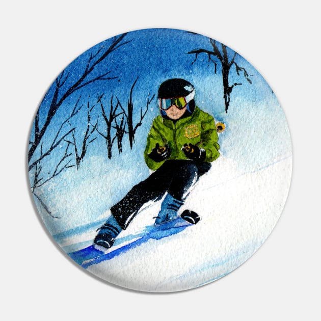 Snowy Downhill Skiing Watercolor Pin by MMcBuck