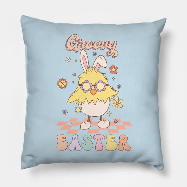 Groovy Easter Funny Chick with Bunny Ears Dancing on the floor Pillow by JDVNart