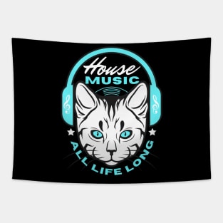 HOUSE MUSIC  - Headphone Cat (Blue) Tapestry