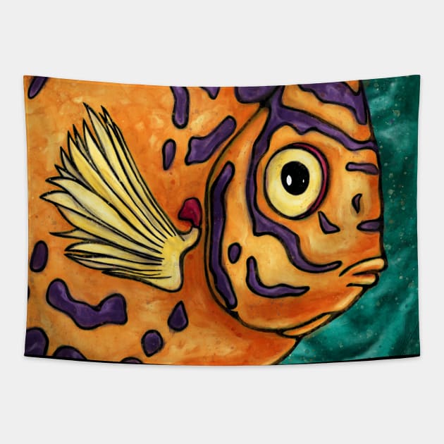 Tropical fish painting in cartoon style, funny fish Tapestry by NadiaChevrel