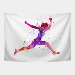 Woman runner running jumping shouting Tapestry