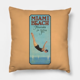 Miami Beach Florida is Calling You - 1924 Lady Diver Poster Pillow