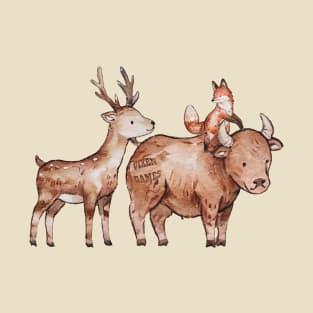 Watercolor Stag and Vixen riding a Bull T-Shirt