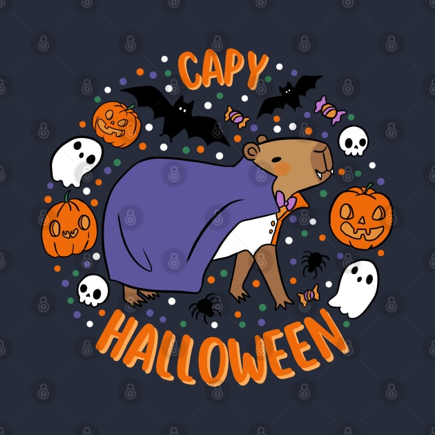 Happy Halloween a cute capybara wearing a vampire costume by Yarafantasyart