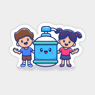 Cute Boy And Girl With Hand Sanitizer Bottle Magnet