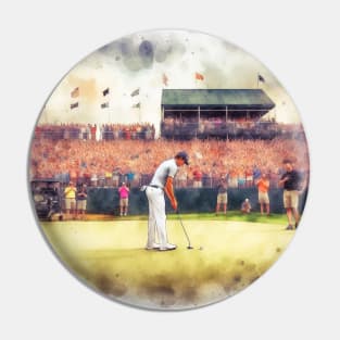 Artistic illustration of golfer putting on the 18th green Pin