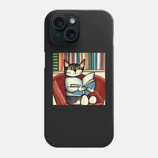 Grey Cat Reading In The Library Illustration Phone Case