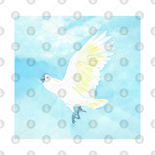 watercolor flying sulphur crested cockatoo by Perroquets numériques