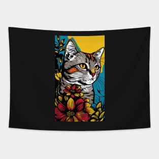 American Shorthair Cat Vibrant Tropical Flower Tall Retro Vintage Digital Pop Art Portrait Tapestry