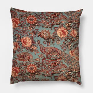 PEACOCKS AND RED PINK ROSES IN BLUE PAISLEY PATTERN Pillow