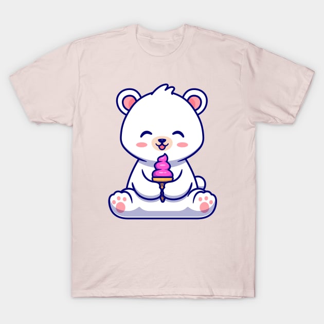 Cute Polar Bear Eating Ice Cream Cone Cartoon - Cute Polar Bear Eating Ice  Cream Cone - T-Shirt