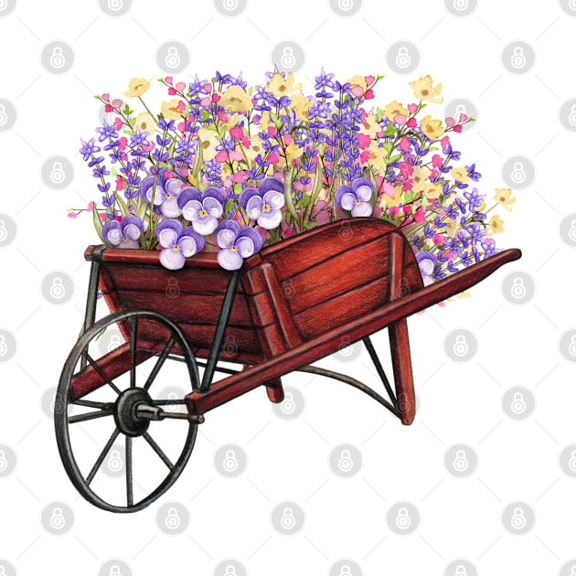 BEAUTIFUL BUNCHES OF VIOLET AND YELLOW SPRING FLOWERS IN WHEELBARROW by SectorG91