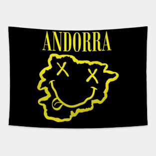 Vibrant Andorra: Unleash Your 90s Grunge Spirit! Smiling Squiggly Mouth Dazed Smiley Face Tapestry