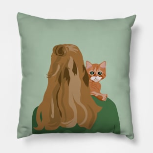 Brunette woman with a ginger cat Pillow