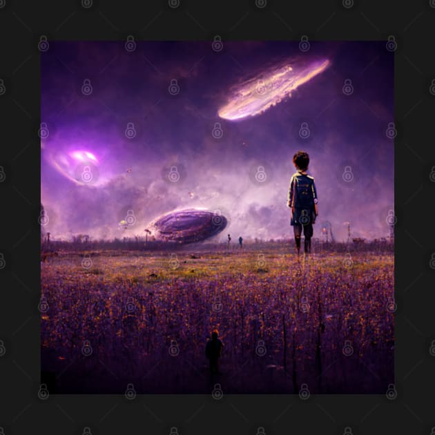 boy standing in apocalyptic field by mehdime