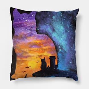 turquoise galaxy stars  orange sunset  cat silhouette Pillow