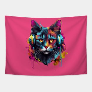 Urban Purr: Graffiti Cat Vibing in Headphones Tapestry