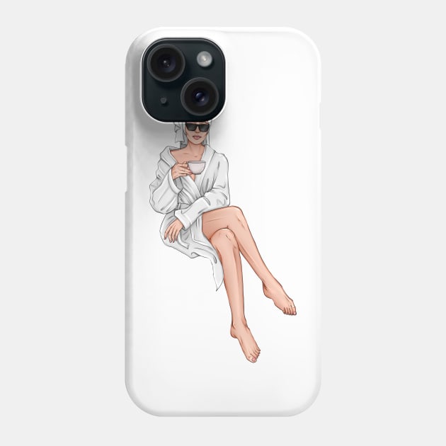 Beauty Woman with Coffee in White Robe Phone Case by ArctiumStudio